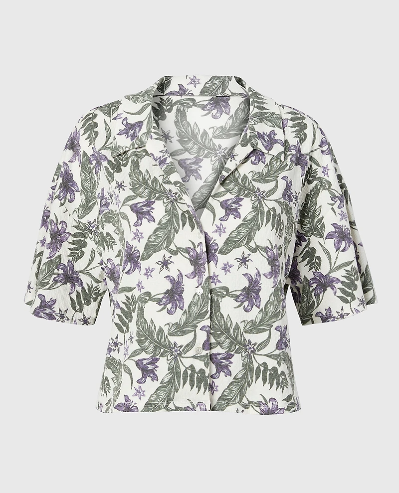 Haut de nuit texturé boutonné à manches courtes île florale