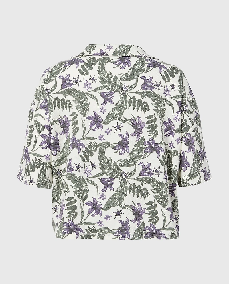 Haut de nuit texturé boutonné à manches courtes île florale