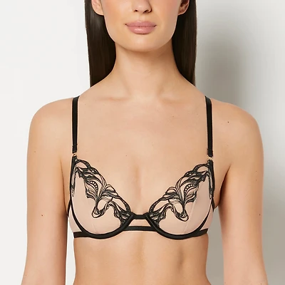 Designer Collection Unlined Demi Bra with Tidal Wave Embroidery Rosetan w/ Tuxedo Black