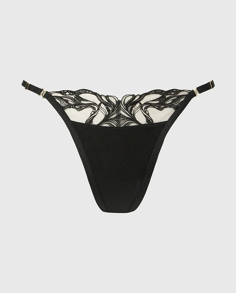 Designer Collection Thong Panty with Tidal Wave Embroidery Rosetan w/ Tuxedo Black