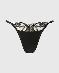 Designer Collection Thong Panty with Tidal Wave Embroidery Rosetan w/ Tuxedo Black