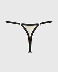 Designer Collection Thong Panty with Tidal Wave Embroidery Rosetan w/ Tuxedo Black