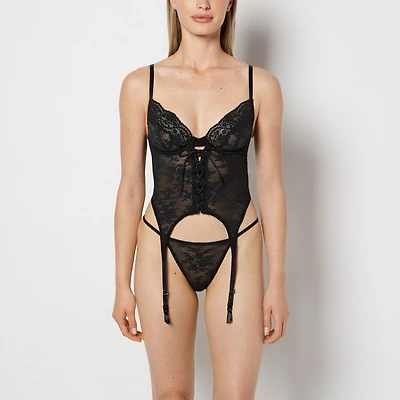 La Senza | Lightly Lined Merrywidow in Timeless Lace with Mesh in Tuxedo Black | Lace | Tuxedo Black | M