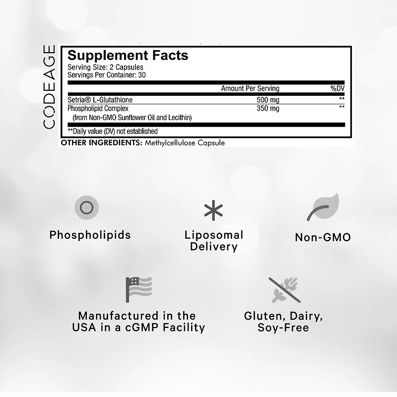 Codeage Liposomal Glutathione, For Men and Women, 500 mg of Setria® L-Glutathione, 350 mg Phospholipid, non-GMO, 60 Capsules