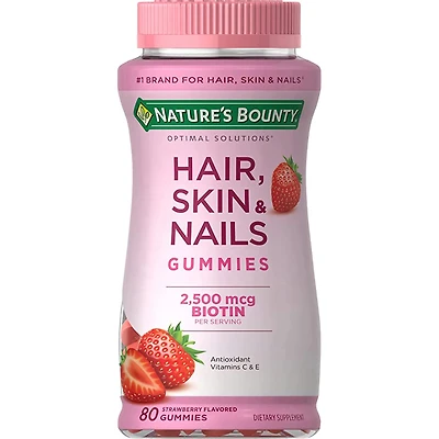 Nature's Bounty, Hair Skin & Nail Gummies, 2,500 mcg of Biotin Per Serving, 80 Strawberry Flavored Gummies