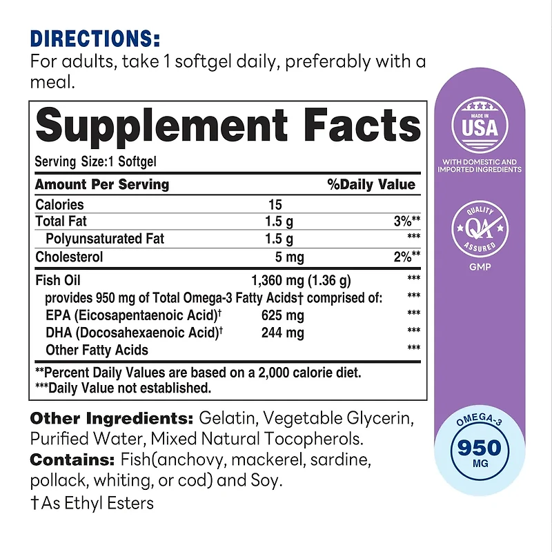 Triple Strength Omega 3 Fish Oil 1360 mg , with 950 Active Omega-3 Fatty Acids EPA & DHA, Supports Heart, Brain Joint Health, Gluten Free, 120 Softgels
