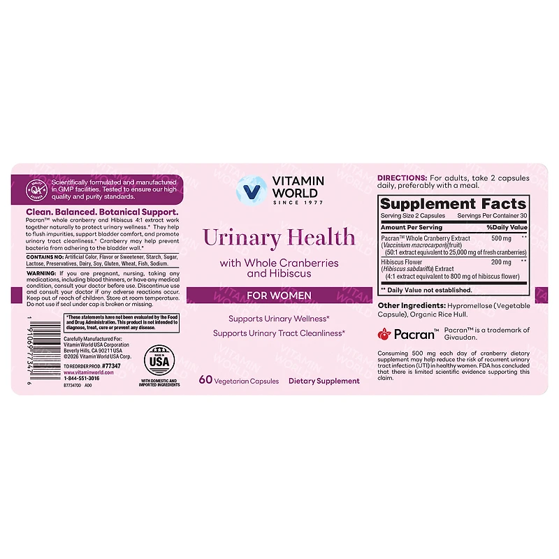 Urinary Health with Whole Cranberries & Hibiscus for Women, Urinary Health, 60 Capsules