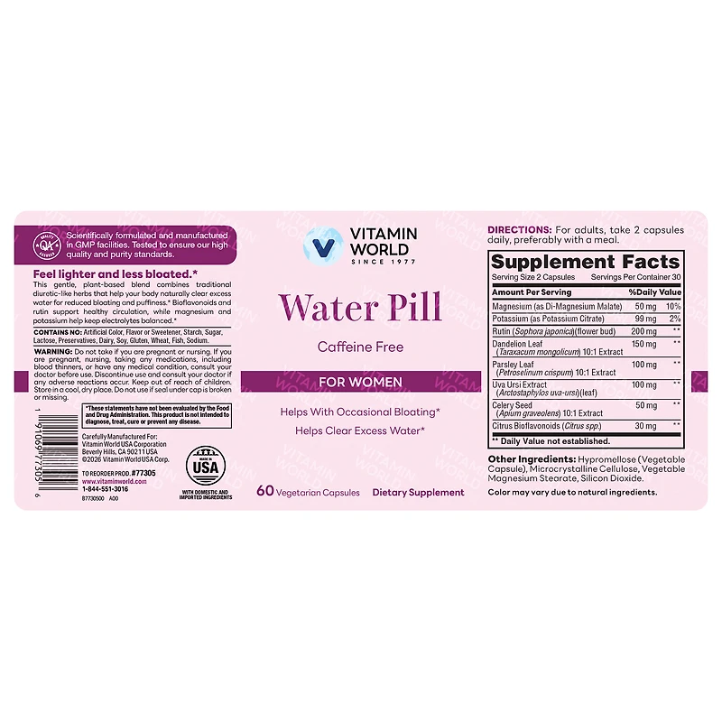 Water Pill for Women, Caffeine-Free, Healthy Water Balance Support, 60 Capsules