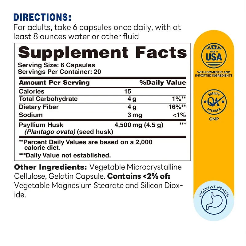 Psyllium Seed Husk 4,500 mg, Digestive Regularity Support, 120 Capsules
