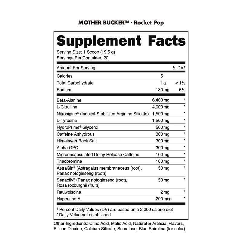 Mother Bucker Pre-Workout Energy Support, Rocket Pop, 390g, by Bucked Up