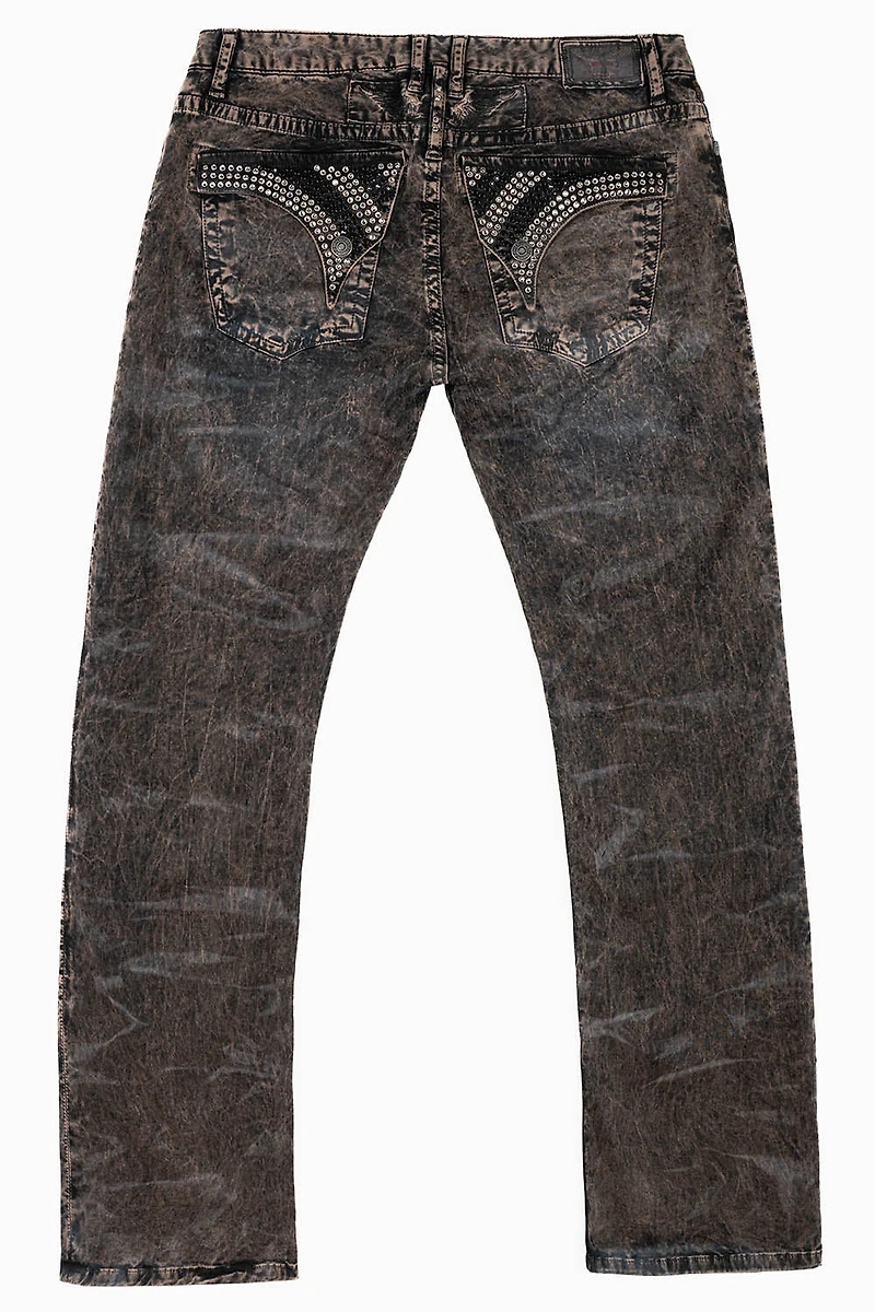 MENS CLASSIC STRAIGHT LEG LONG FLAP JEANS BROWN THUNDER WITH CRYSTALS