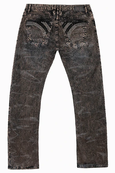 MENS CLASSIC STRAIGHT LEG LONG FLAP JEANS BROWN THUNDER  WITH CRYSTALS