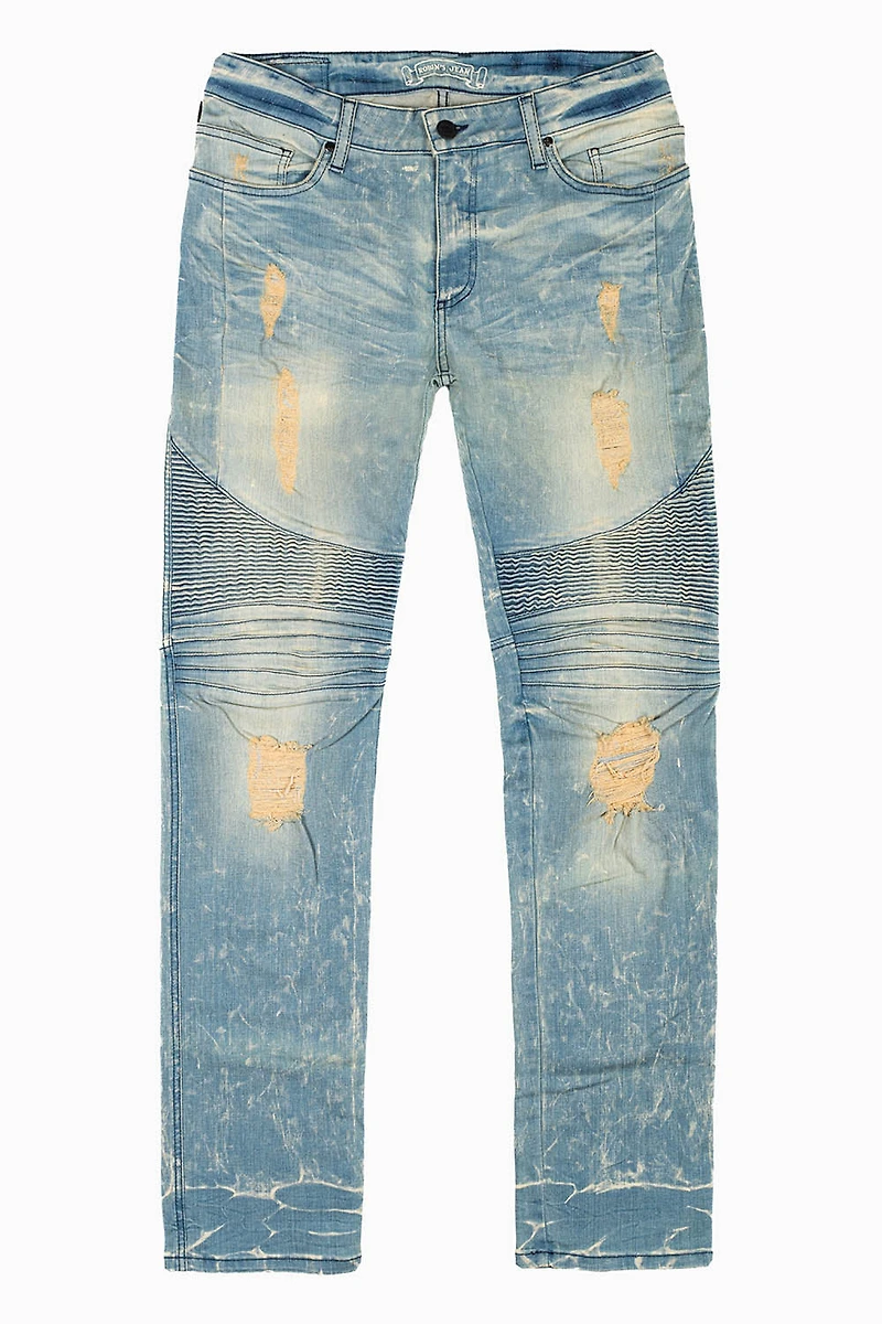 MENS BIKER JEANS WITH FLAP BLUE 4D LIGHT BROKEN WASH STUDS AND CRYSTALS