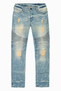 MENS BIKER JEANS WITH FLAP BLUE 4D LIGHT BROKEN WASH STUDS AND CRYSTALS