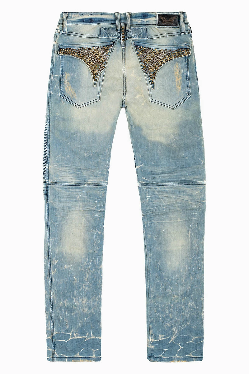 MENS BIKER JEANS WITH FLAP BLUE 4D LIGHT BROKEN WASH STUDS AND CRYSTALS