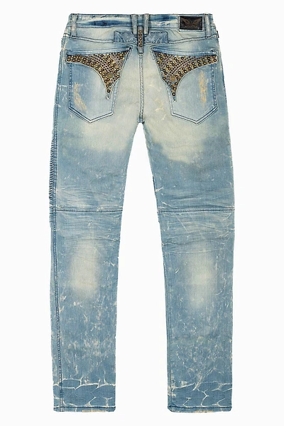 MENS BIKER JEANS WITH FLAP BLUE 4D LIGHT BROKEN WASH STUDS AND CRYSTALS