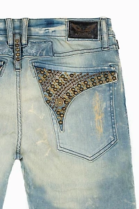 MENS BIKER JEANS WITH FLAP BLUE 4D LIGHT BROKEN WASH STUDS AND CRYSTALS