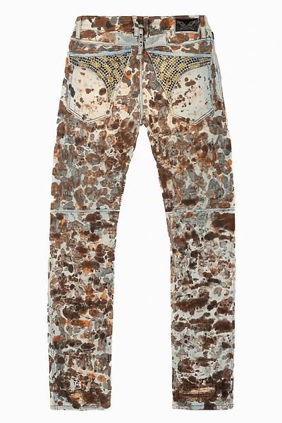MENS BIKER JEANS WITH FLAP DESERT RAOUL BROKEN REPAIRED WASH  CRYSTALS