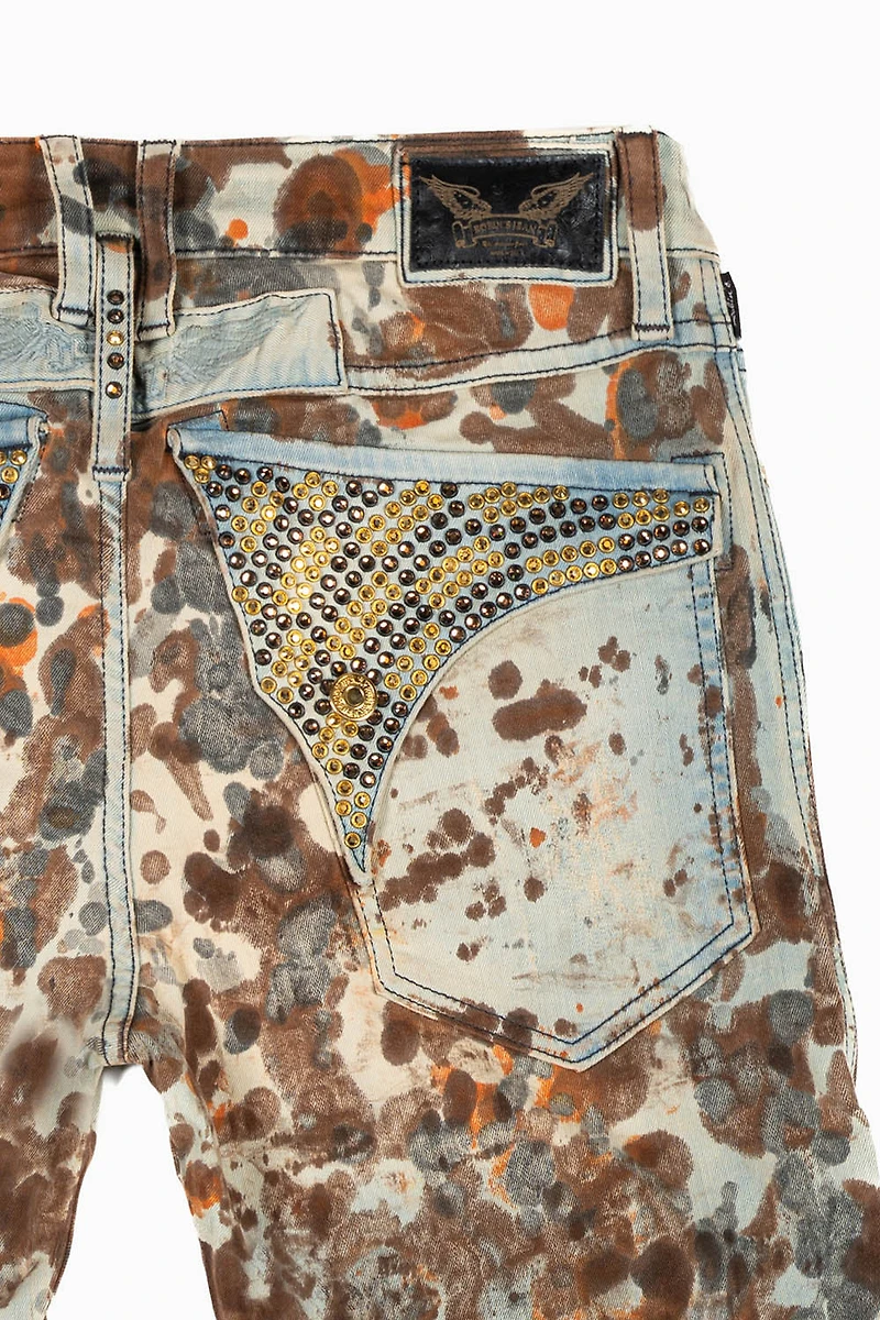 MENS BIKER JEANS WITH FLAP DESERT RAOUL BROKEN REPAIRED WASH  CRYSTALS