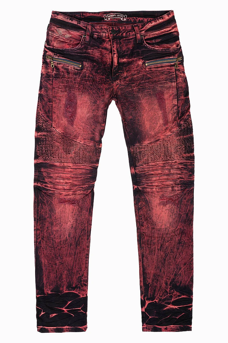 MENS BIKER JEANS RED/BLK YANKEE WASH
