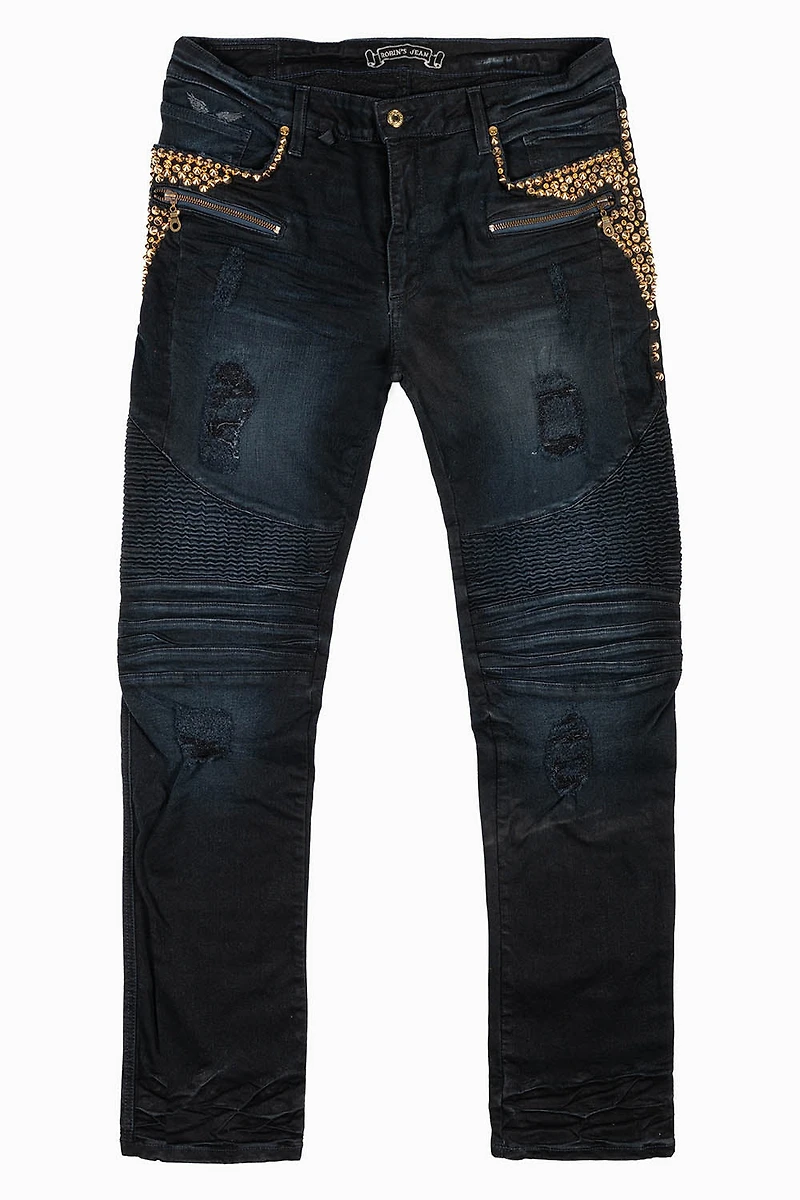 MENS BIKER JEANS F-UP BLACK WASH EMBELLISHED WITH GOLD NAILHEADS AND AURUM CRYSTALS