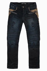 MENS BIKER JEANS F-UP BLACK WASH EMBELLISHED WITH GOLD NAILHEADS AND AURUM CRYSTALS