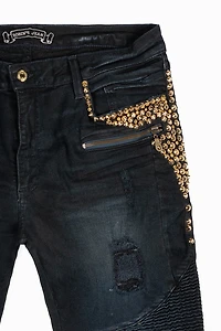 MENS BIKER JEANS F-UP BLACK WASH EMBELLISHED WITH GOLD NAILHEADS AND AURUM CRYSTALS
