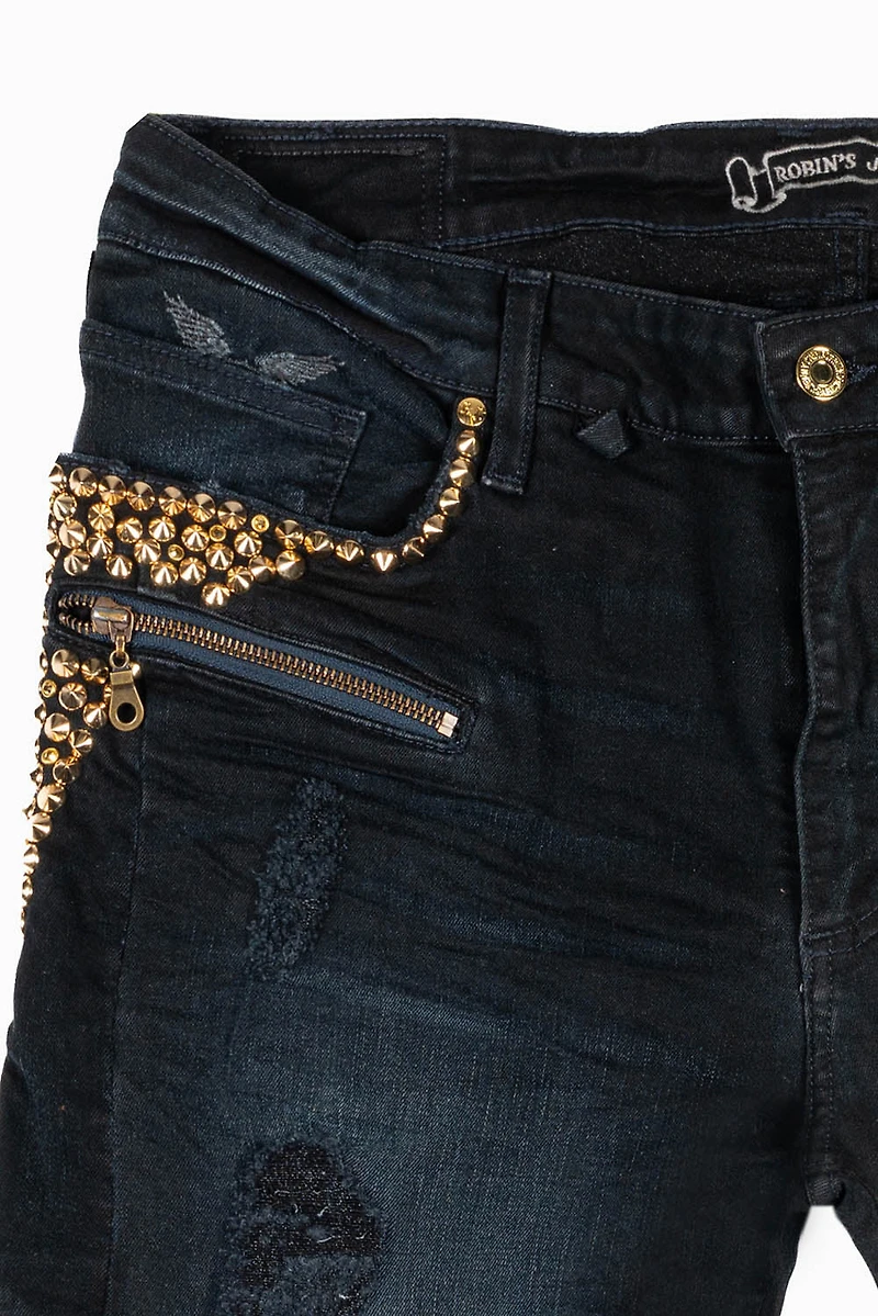MENS BIKER JEANS F-UP BLACK WASH EMBELLISHED WITH GOLD NAILHEADS AND AURUM CRYSTALS