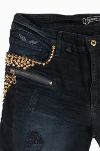 MENS BIKER JEANS F-UP BLACK WASH EMBELLISHED WITH GOLD NAILHEADS AND AURUM CRYSTALS