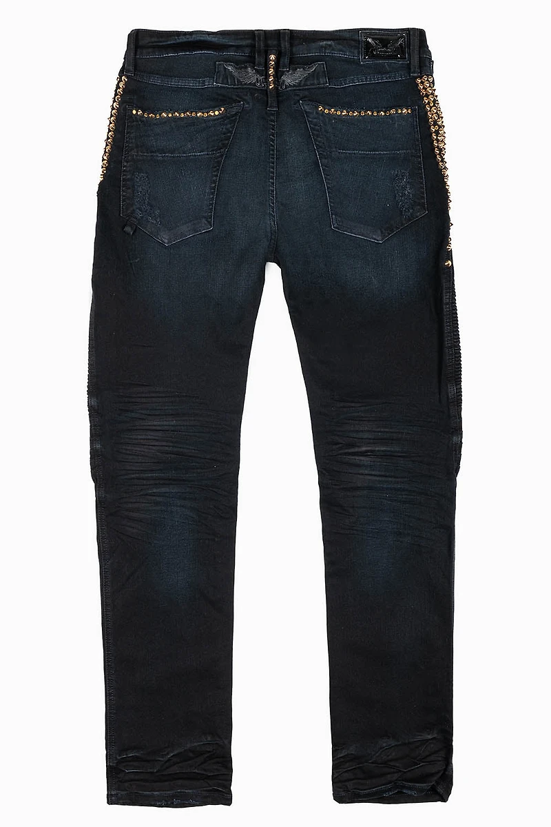 MENS BIKER JEANS F-UP BLACK WASH EMBELLISHED WITH GOLD NAILHEADS AND AURUM CRYSTALS