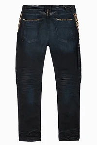 MENS BIKER JEANS F-UP BLACK WASH EMBELLISHED WITH GOLD NAILHEADS AND AURUM CRYSTALS
