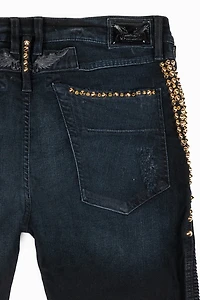 MENS BIKER JEANS F-UP BLACK WASH EMBELLISHED WITH GOLD NAILHEADS AND AURUM CRYSTALS