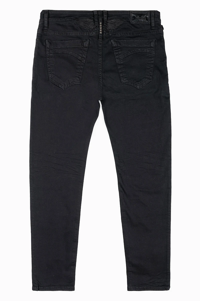 MENS SKINNY JEANS PURE BLACK WASH WITH TONAL WING EMBROIDERY