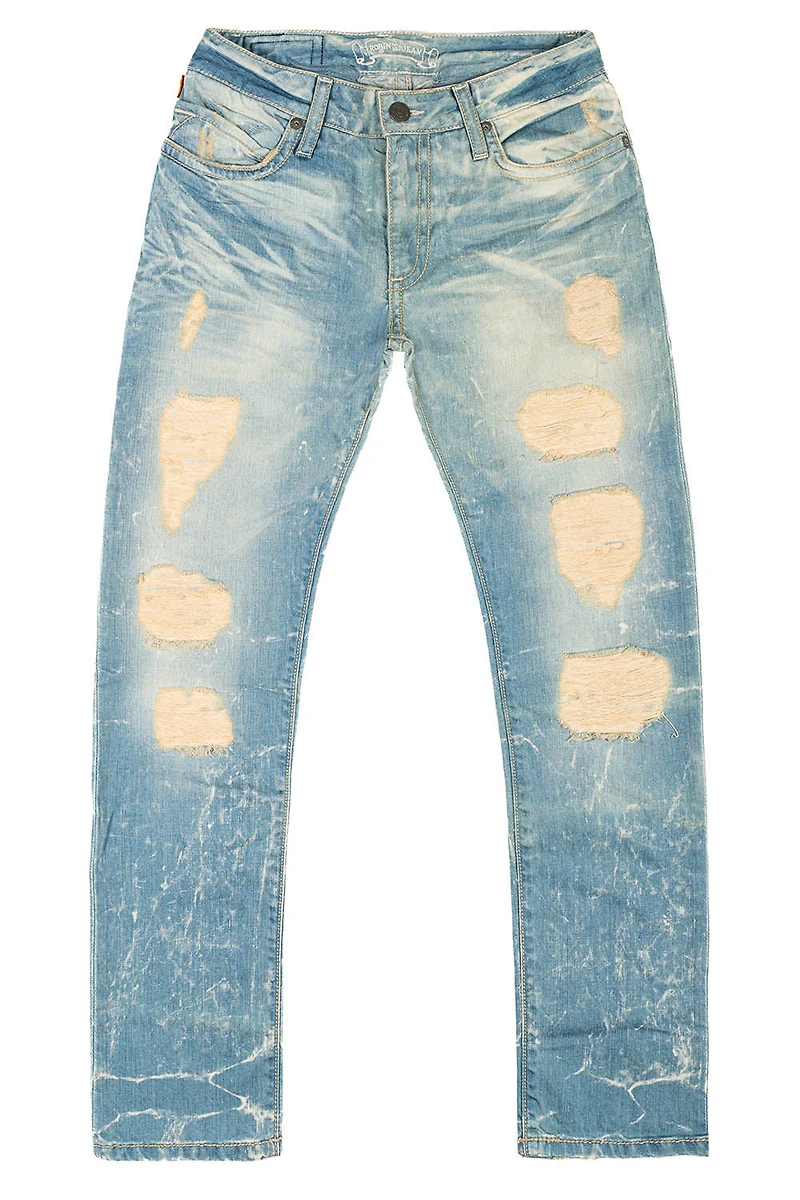 CLASSIC 5 POCKET SLIM LEG JEANS 4D LIGHT BROKEN REPAIRED WASH