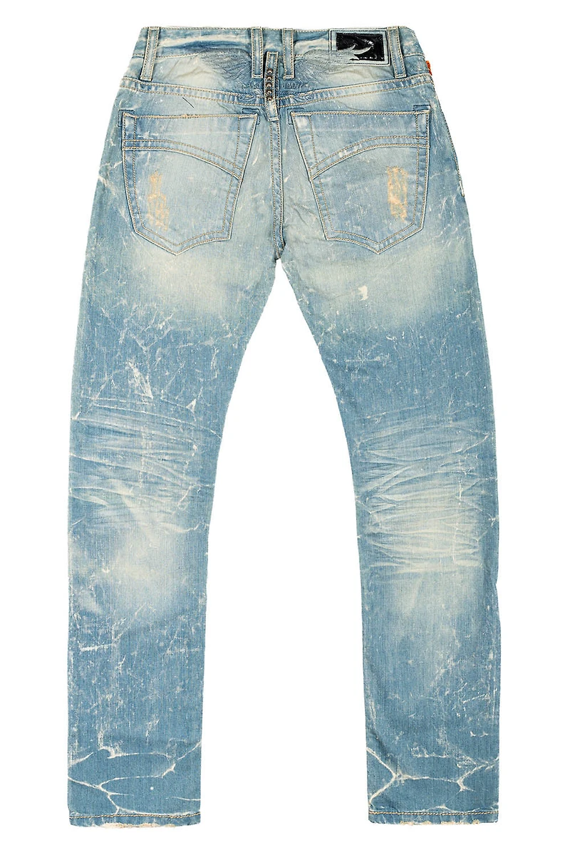 CLASSIC 5 POCKET SLIM LEG JEANS 4D LIGHT BROKEN REPAIRED WASH