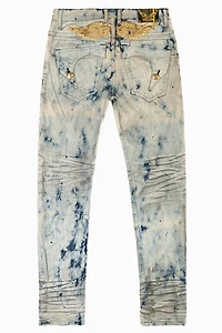 KILLER FLAP MENS SKINNY JEANS FROZEN  WASH WITH GOLD WING EMBROIDERY