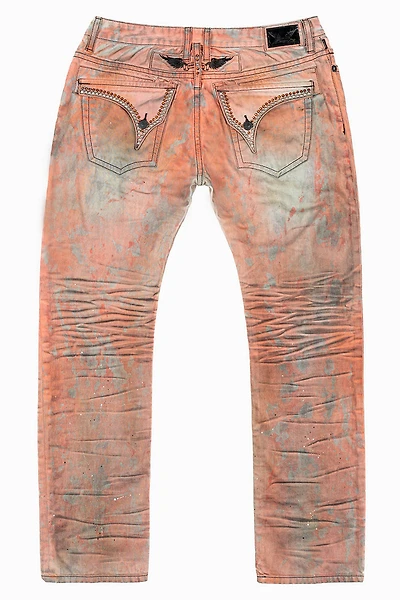 MENS LONG FLAP SLIM JEANS WITH CRYSTALS VINTAGE MEDELLIN  ORANGE/BROWN WASH