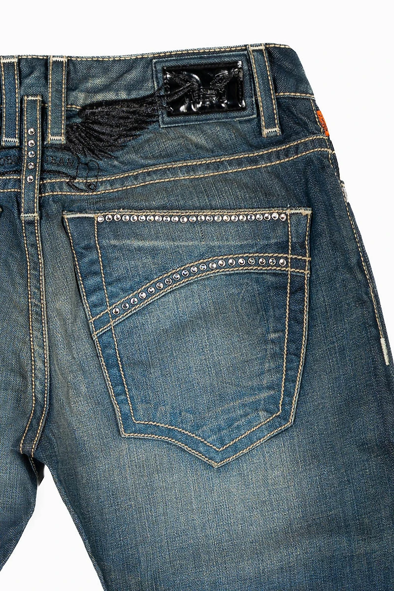 MENS CLASSIC STRAIGHT LEG JEAN BLUE 3D DARK WASH WITH  CLEAR CRYSTALS