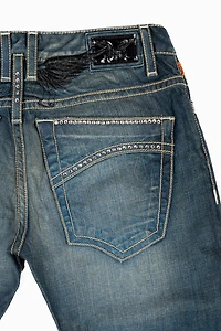 MENS CLASSIC STRAIGHT LEG JEAN BLUE 3D DARK WASH WITH  CLEAR CRYSTALS