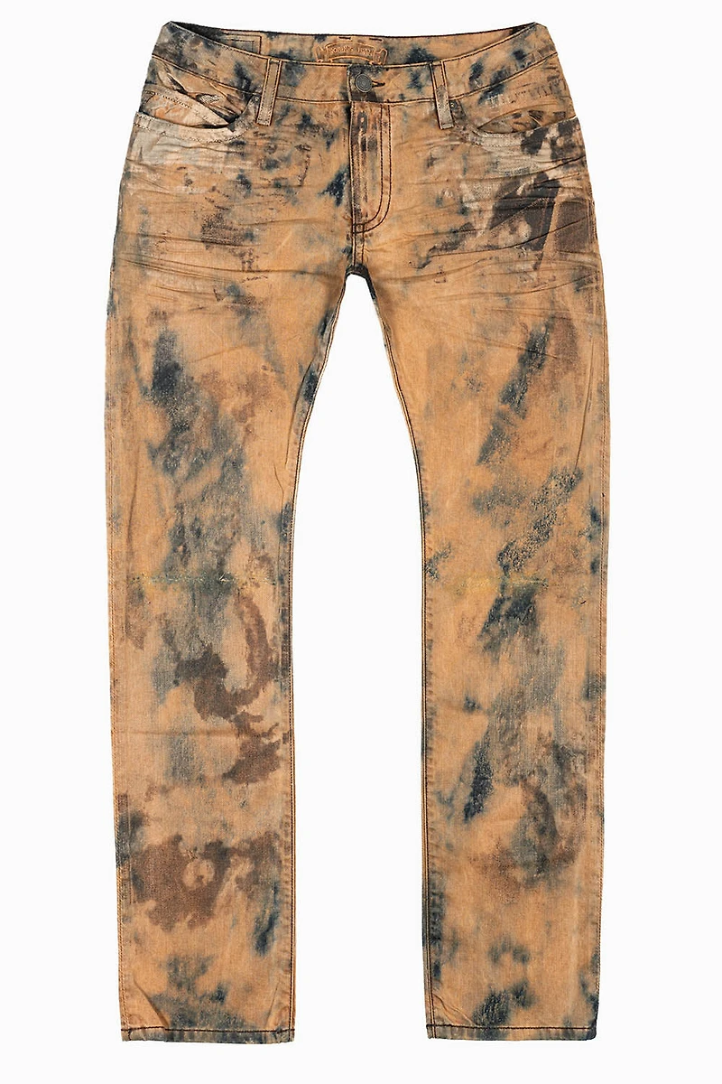 MENS LONG FLAP SLIM JEANS WITH CRYSTALS ILLUSION INDIGO BRONZE WASH