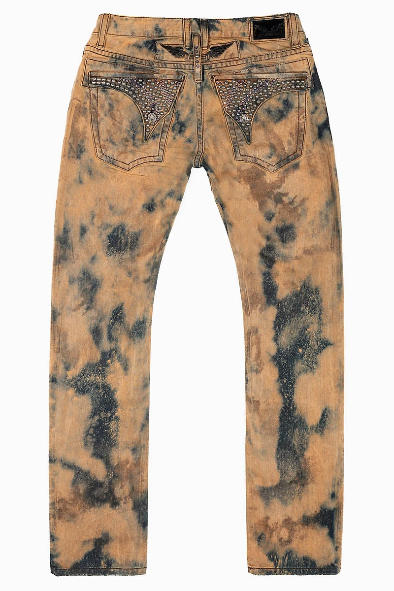 MENS LONG FLAP SLIM JEANS WITH CRYSTALS ILLUSION INDIGO BRONZE WASH
