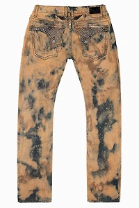 MENS LONG FLAP SLIM JEANS WITH CRYSTALS ILLUSION INDIGO BRONZE WASH
