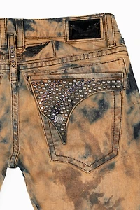 MENS LONG FLAP SLIM JEANS WITH CRYSTALS ILLUSION INDIGO BRONZE WASH