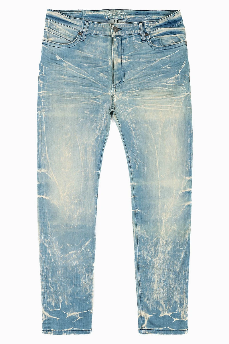 MENS SKINNY JEANS BLUE 4D LIGHT WASH WITH TONAL WING EMBROIDERY