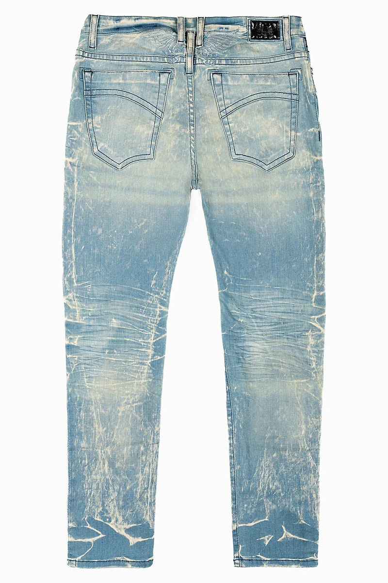 MENS SKINNY JEANS BLUE 4D LIGHT WASH WITH TONAL WING EMBROIDERY