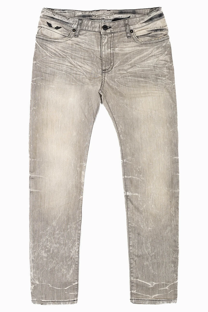 MENS SKINNY JEANS  GRAY 4D LIGHT WASH WITH BLK WING EMBROIDERY