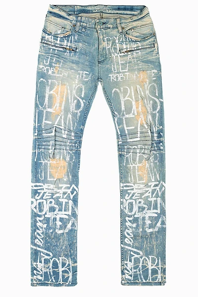 MOTO BIKER MEN'S SLIM STRAIGHT LEG JEANS 4D LIGHT BROKEN REPAIRED WASH WITH GRAFFITI LOGO