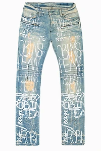 MOTO BIKER MEN'S SLIM STRAIGHT LEG JEANS 4D LIGHT BROKEN REPAIRED WASH WITH GRAFFITI LOGO