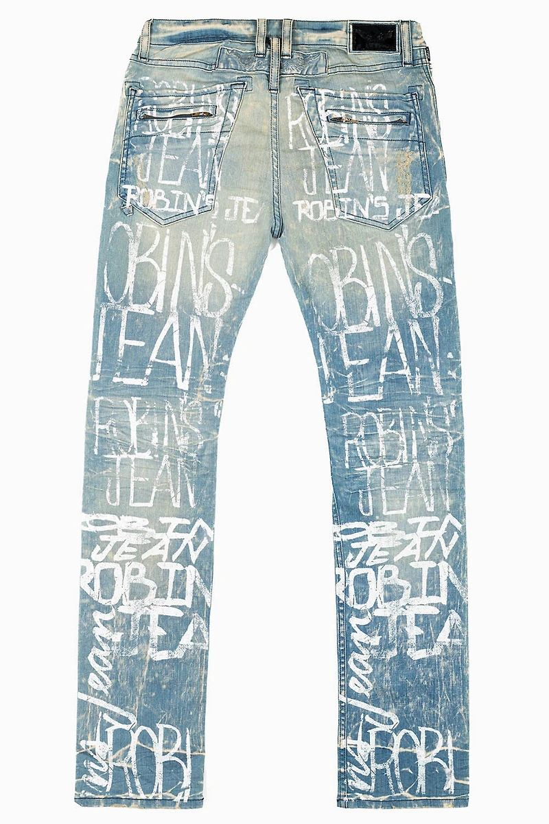 MOTO BIKER MEN'S SLIM STRAIGHT LEG JEANS 4D LIGHT BROKEN REPAIRED WASH WITH GRAFFITI LOGO