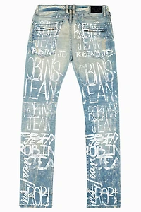MOTO BIKER MEN'S SLIM STRAIGHT LEG JEANS 4D LIGHT BROKEN REPAIRED WASH WITH GRAFFITI LOGO